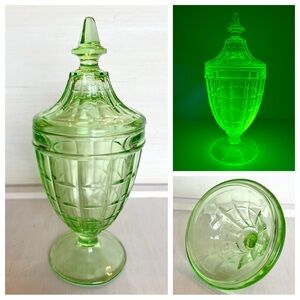 Hazel Atlas Uranium Glass Colonial Block Pedestal Candy Jar Finial Lid Glows Vtg